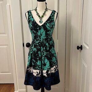 Taylor Fit and Flare Green/Blue/Black Modern Splash Print Poly Spandex Stretch